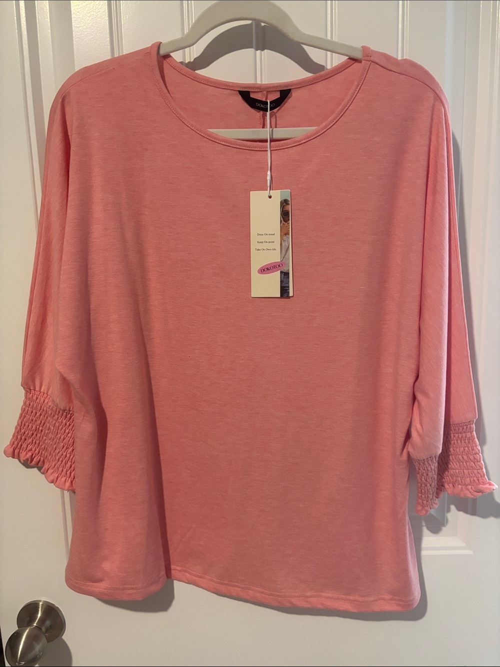 Relaxed Smocked-Sleeve Tunic in Coral Pink